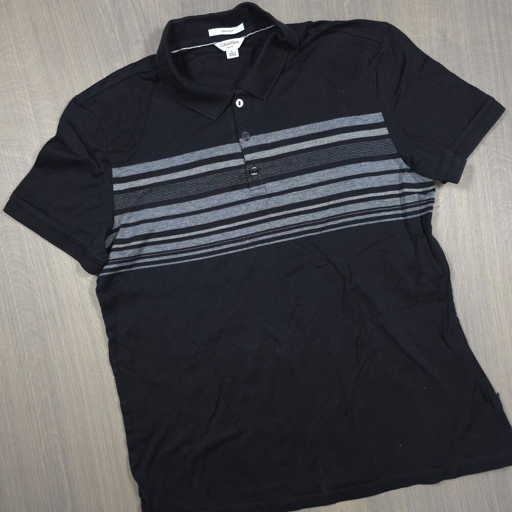 Calvin Klein Mens Polo Shirt L, 100% Cotton Black Gray Short Sleeve